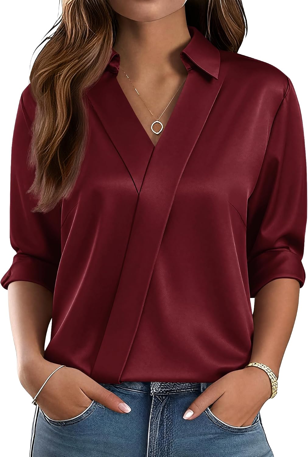 Women Business Casual Long Sleeve V Neck Dress Shirts