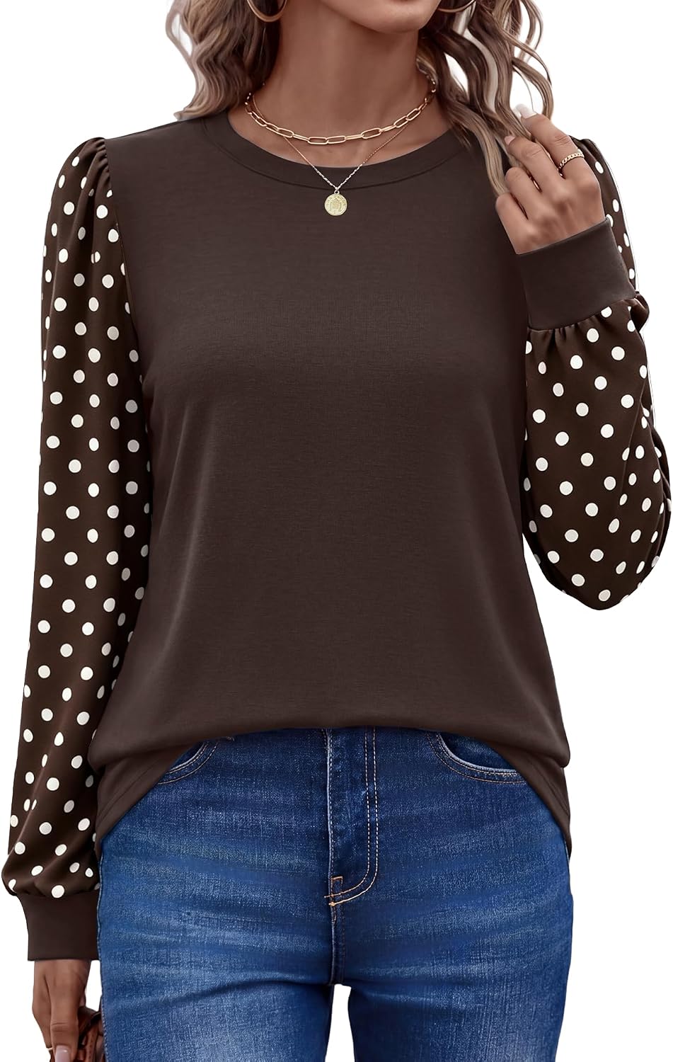 Women Long Sleeve Shirts Fall Tops Polka Dot Brown