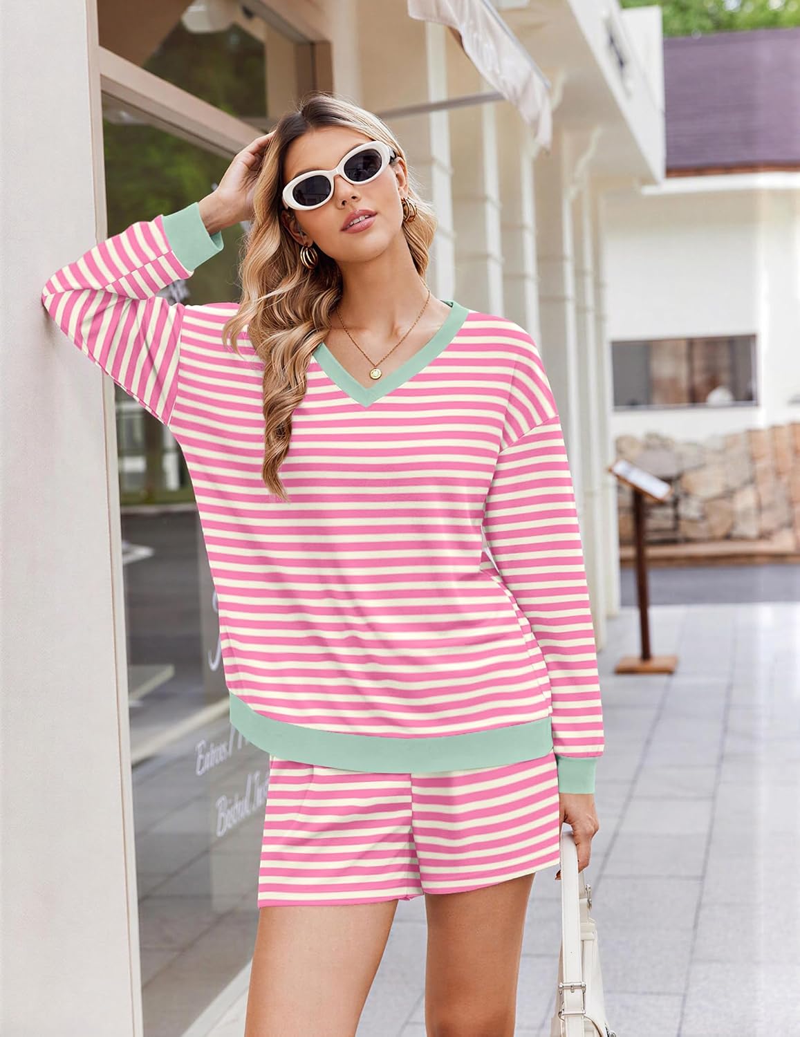 Womens Lounge Sets 2 Piece Long Sleeve Casual Striped Matching Set