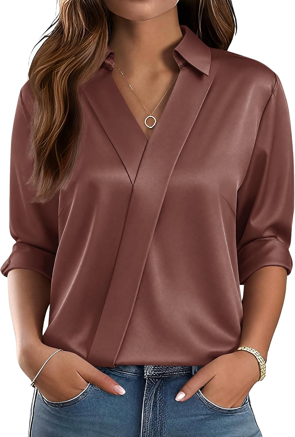 Women Business Casual Long Sleeve V Neck Dress Shirts