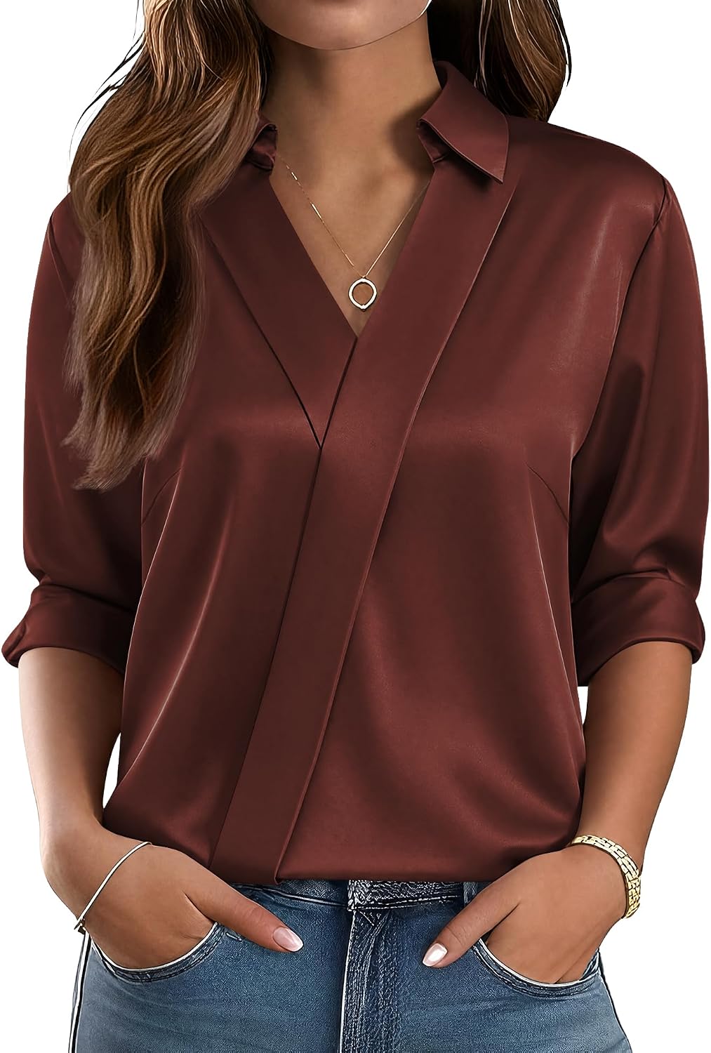 Women Business Casual Long Sleeve V Neck Dress Shirts