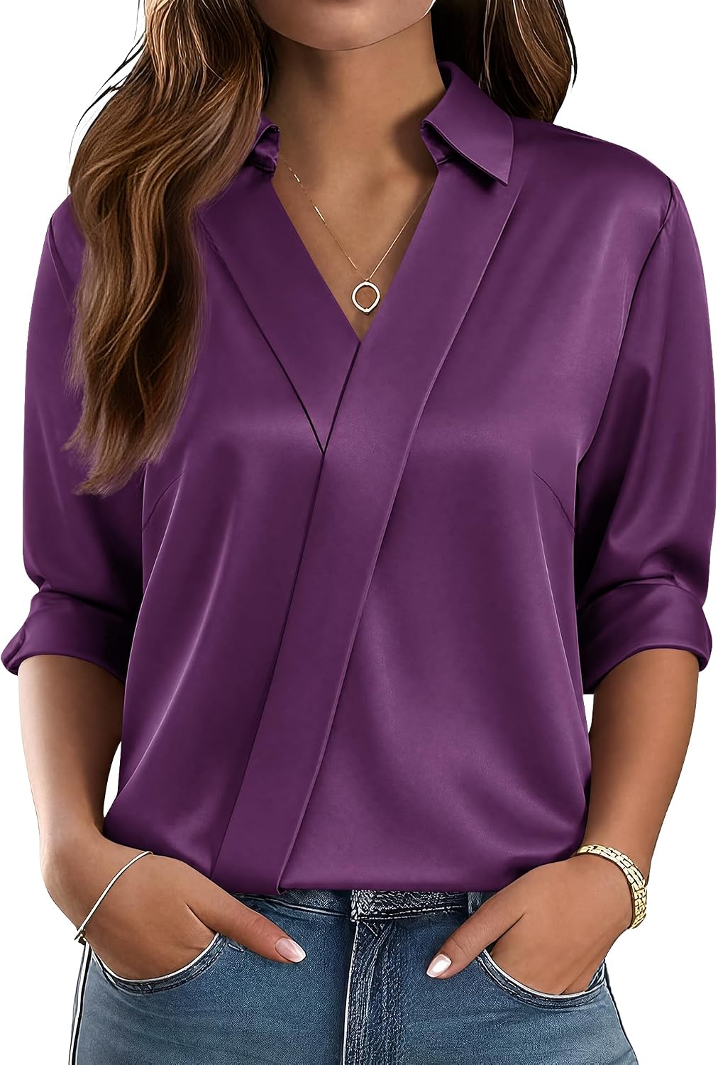 Women Business Casual Long Sleeve V Neck Dress Shirts