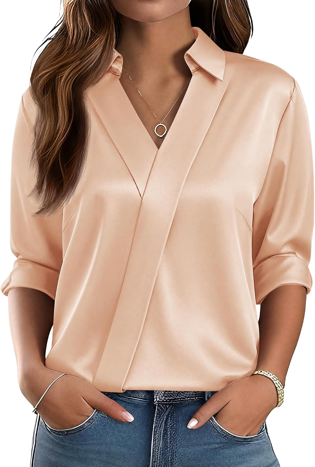 Women Business Casual Long Sleeve V Neck Dress Shirts