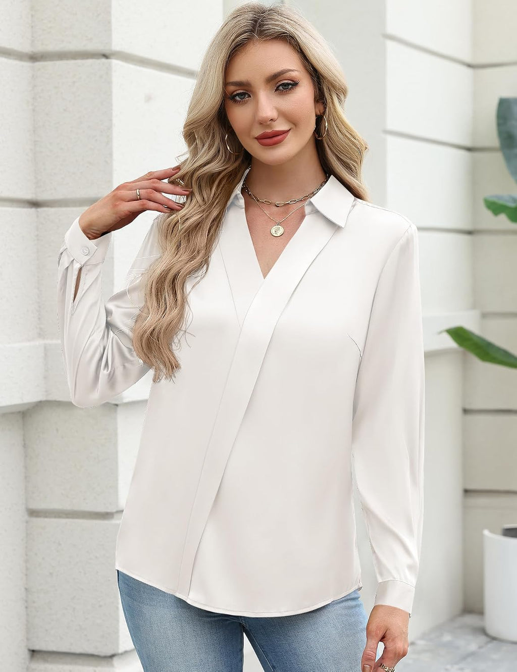 Women Business Casual Long Sleeve V Neck Dress Shirts