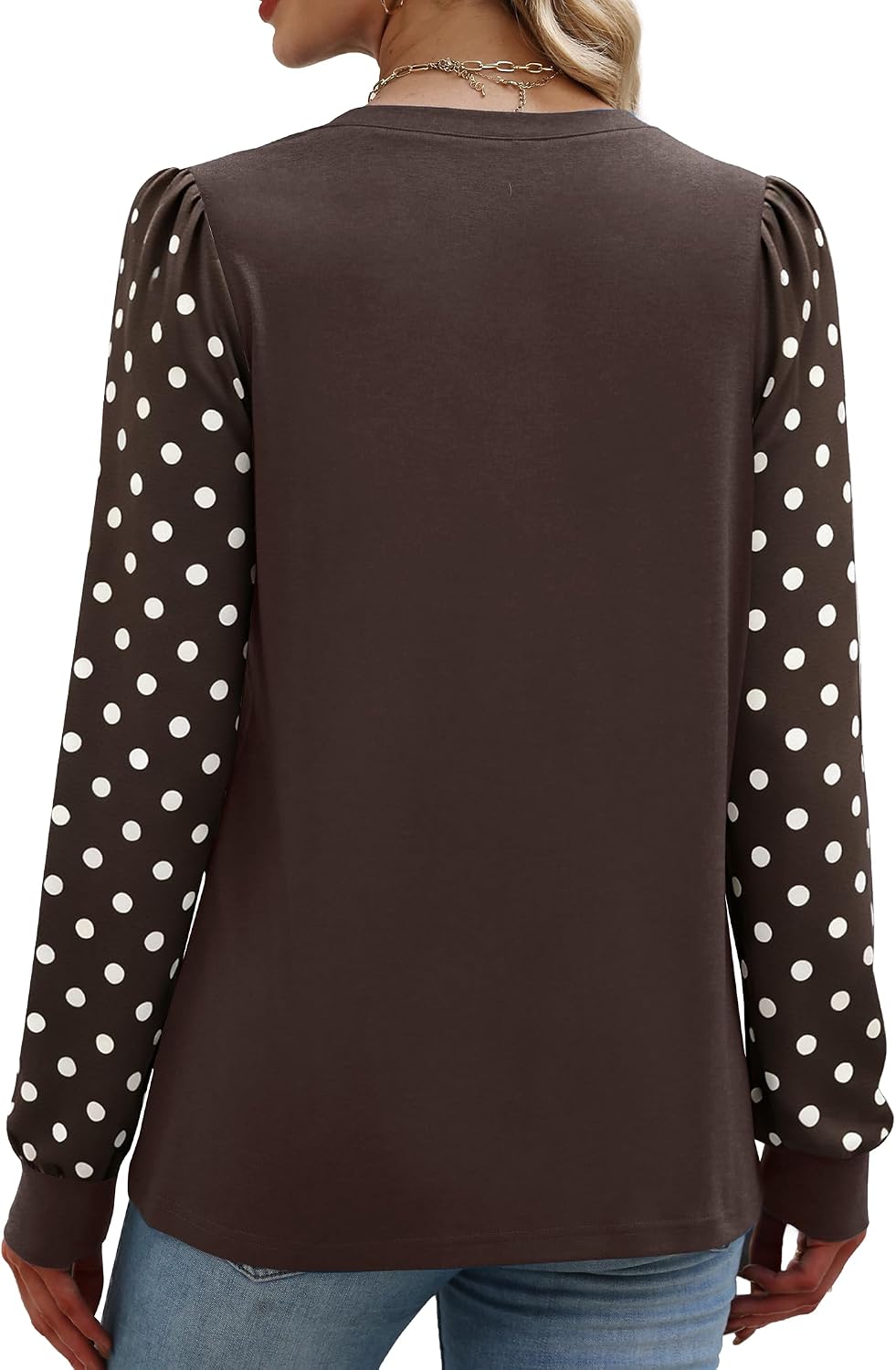 Women Long Sleeve Shirts Fall Tops Polka Dot Brown