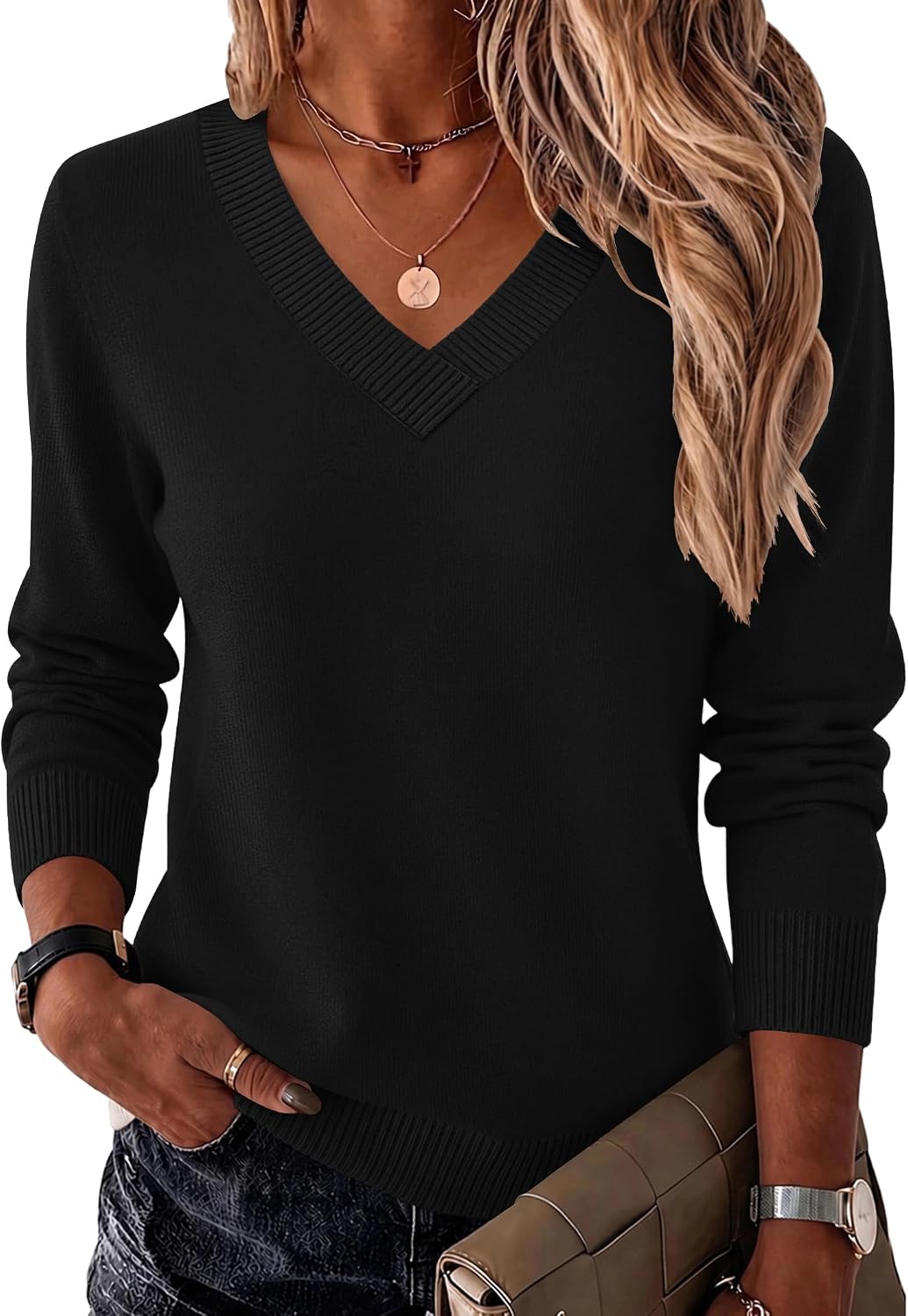 Womens V Neck Sweaters Long Sleeve Tops Lightweight Fall Clothes
