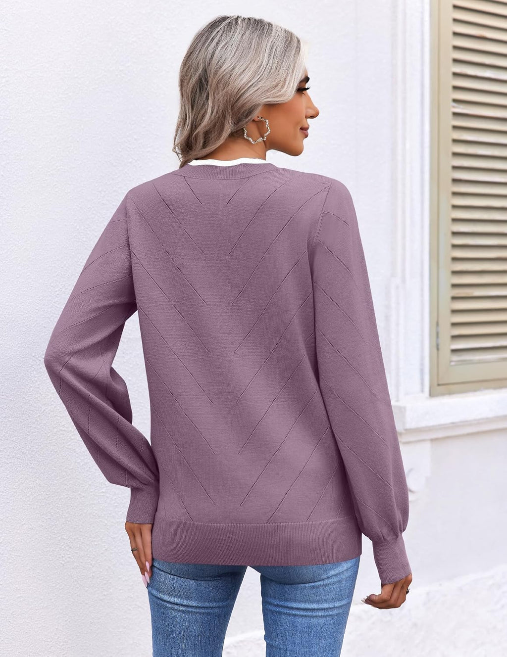 Womens Fall Sweater Cute Clothes Ribbed Knit Pullover Blouse Purple