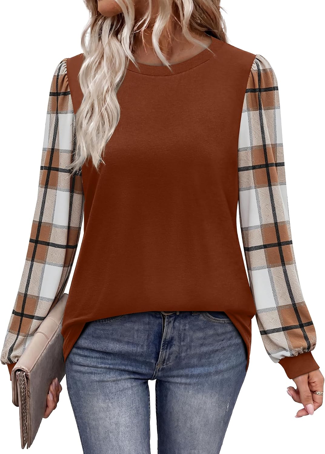 Women Long Sleeve Shirts Fall Tops Polka Dot Brown