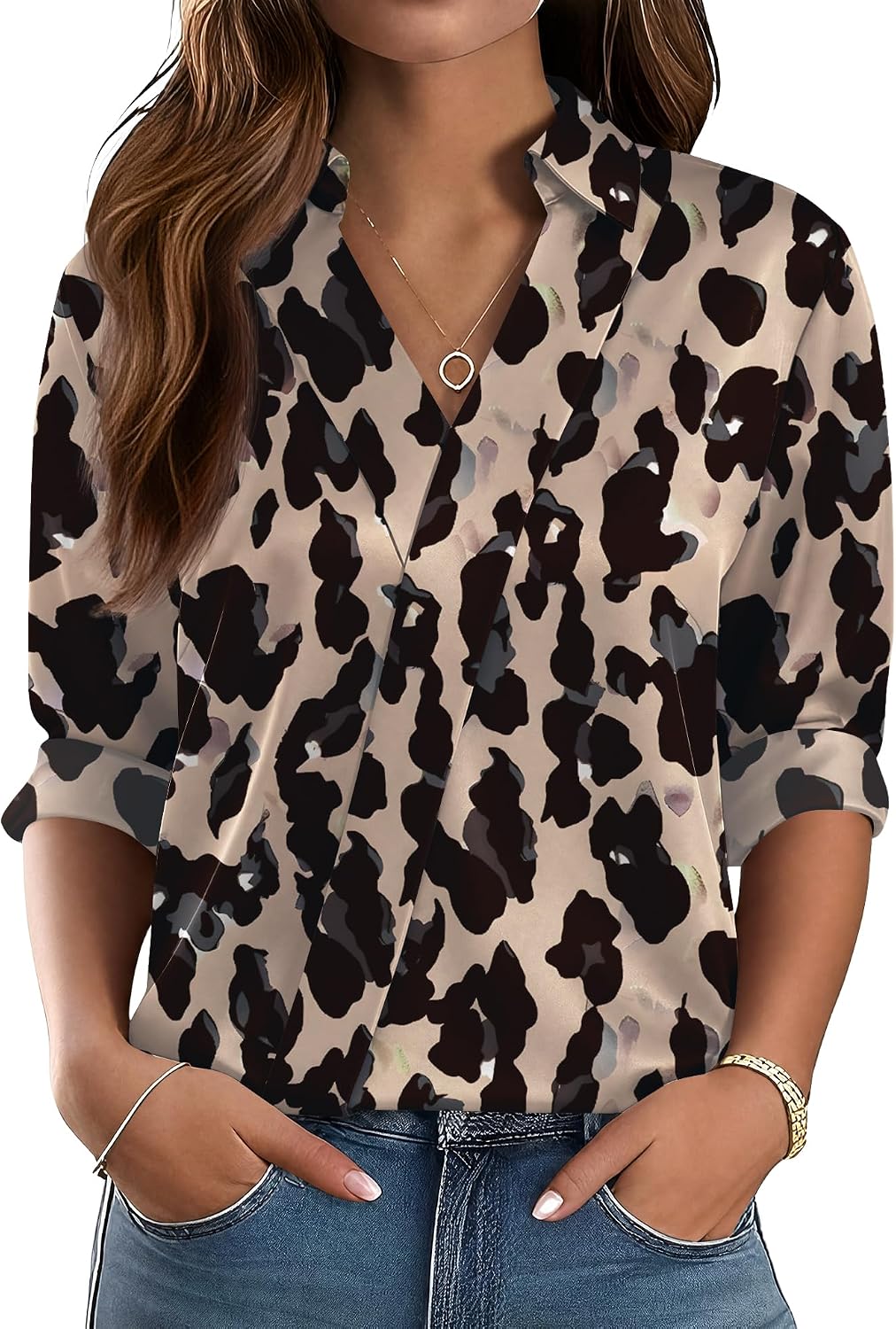 Women Business Casual Long Sleeve V Neck Dress Shirts