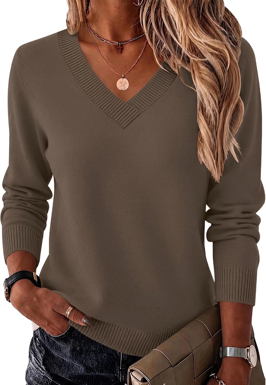Womens V Neck Sweaters Long Sleeve Tops Lightweight Fall Clothes