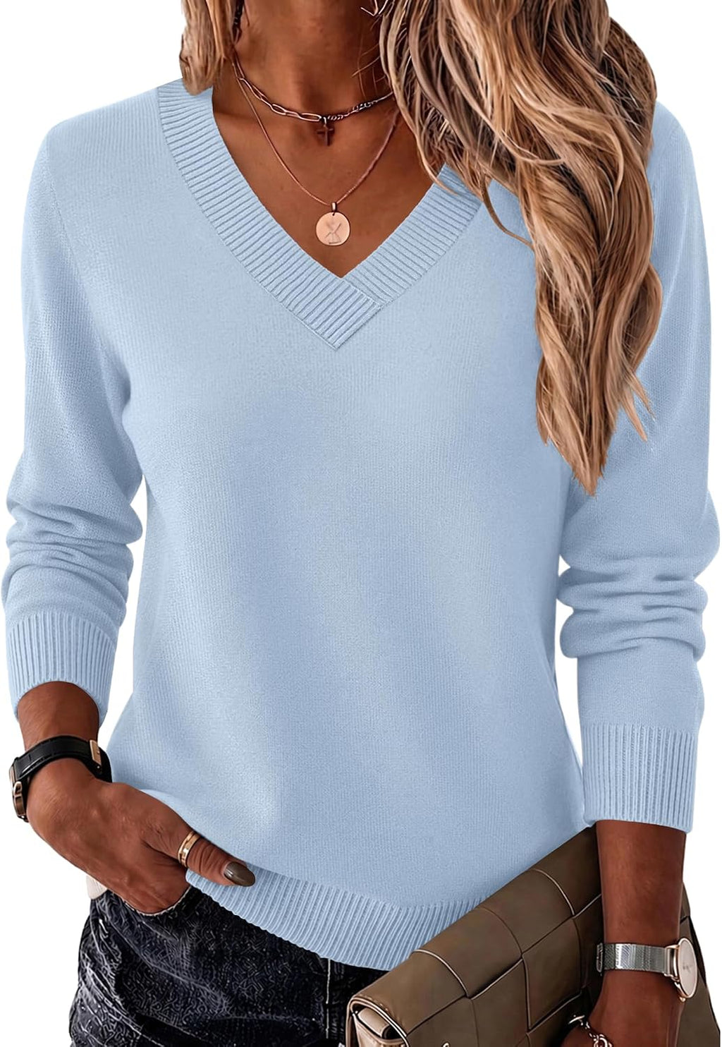 Womens V Neck Sweaters Long Sleeve Tops Lightweight Fall Clothes