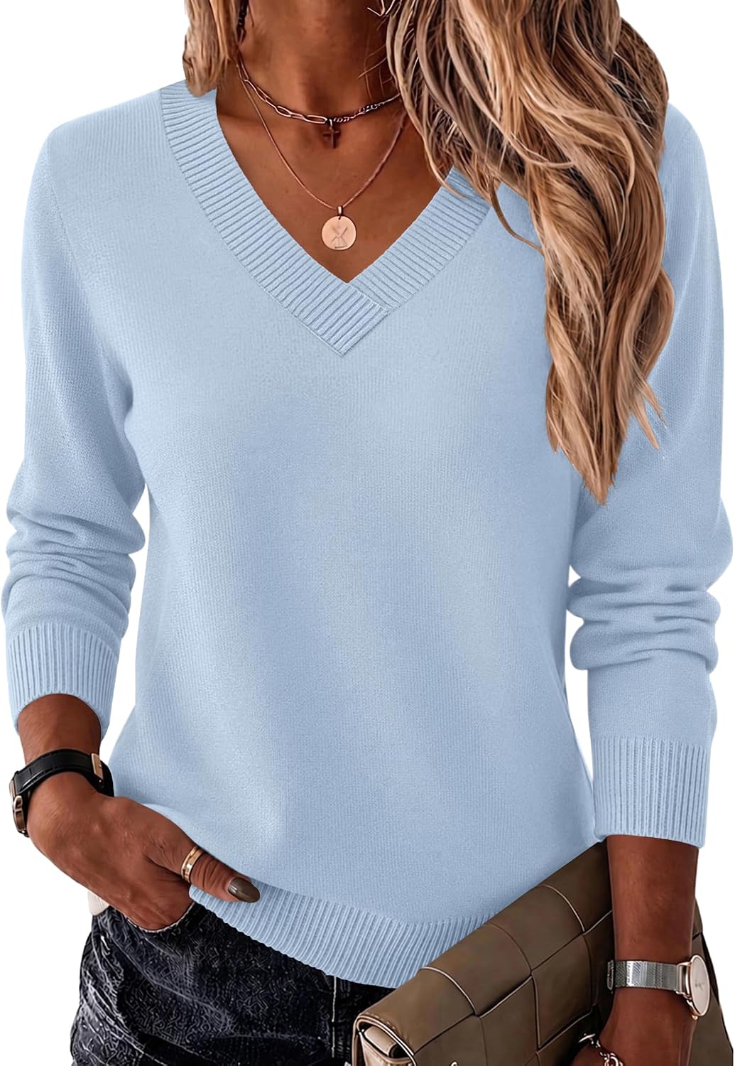 Womens V Neck Sweaters Long Sleeve Tops Lightweight Fall Clothes
