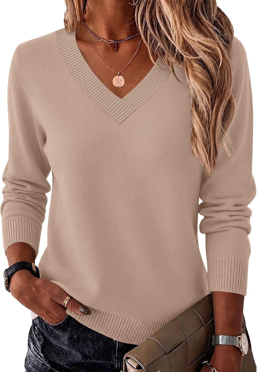 Womens V Neck Sweaters Long Sleeve Tops Lightweight Fall Clothes
