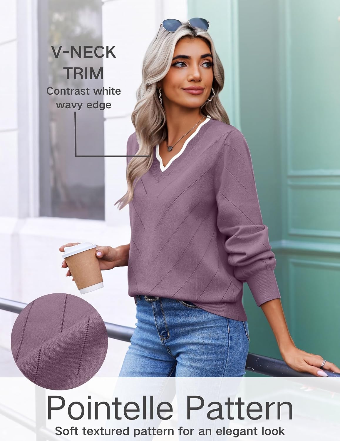 Womens Fall Sweater Cute Clothes Ribbed Knit Pullover Blouse Purple