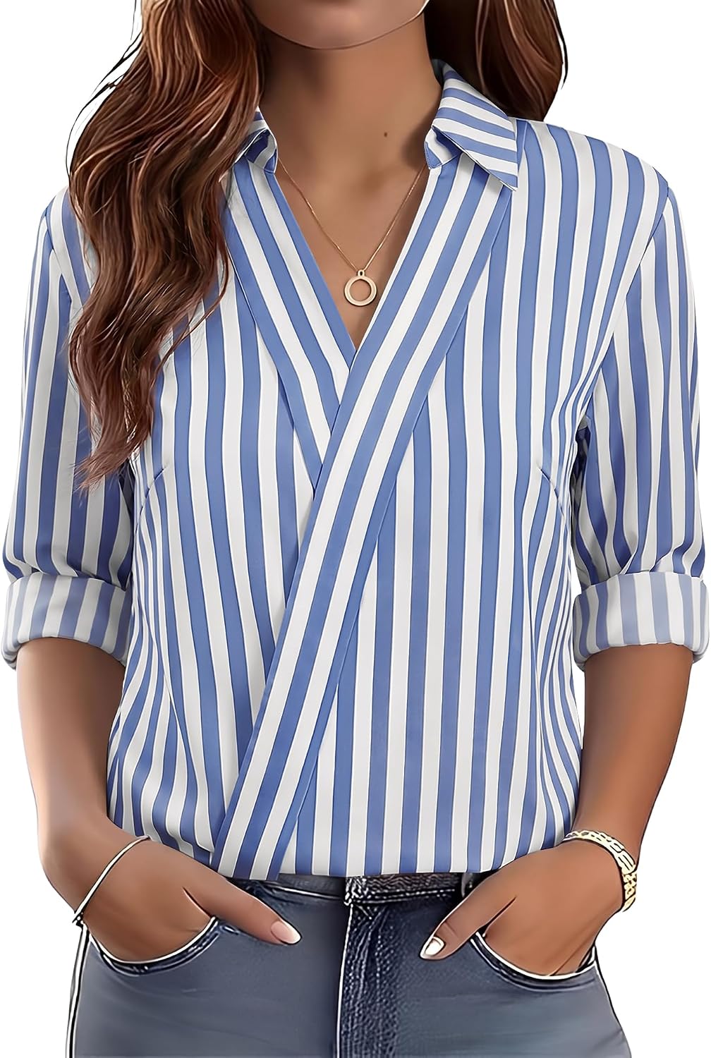 Women Business Casual Long Sleeve V Neck Dress Shirts