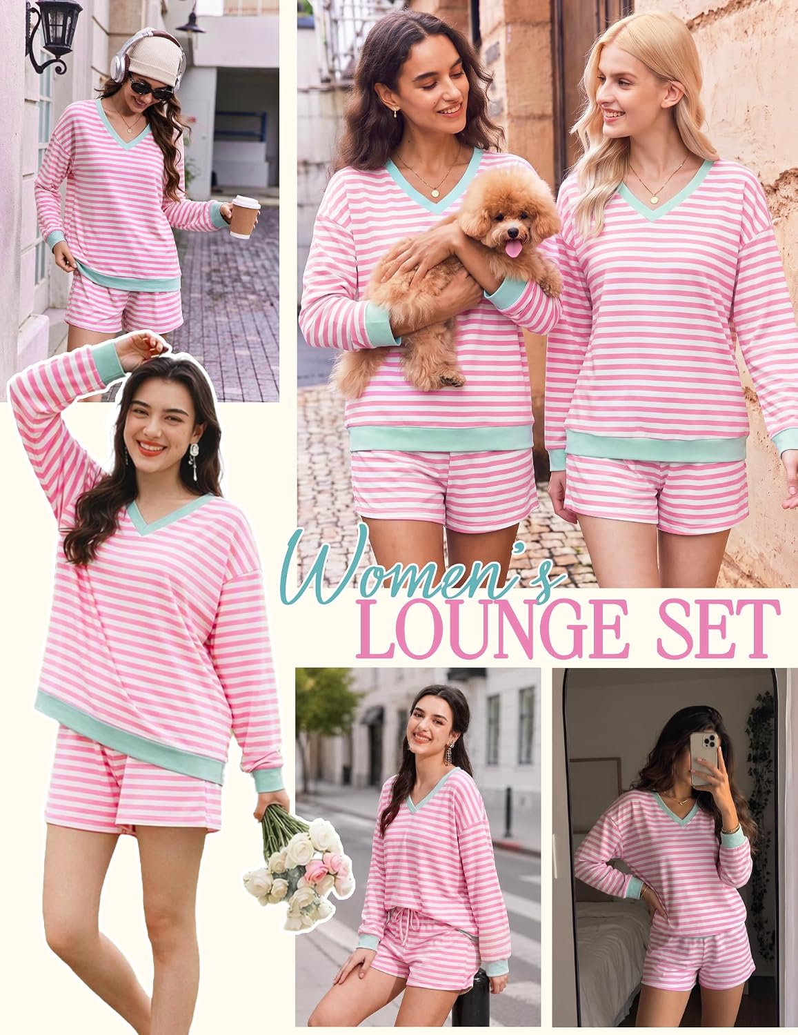 Womens Lounge Sets 2 Piece Long Sleeve Casual Striped Matching Set