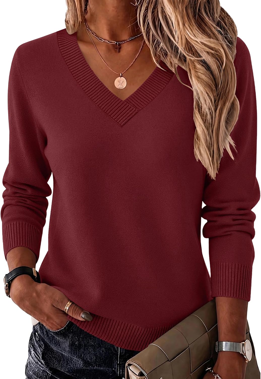 Womens V Neck Sweaters Long Sleeve Tops Lightweight Fall Clothes