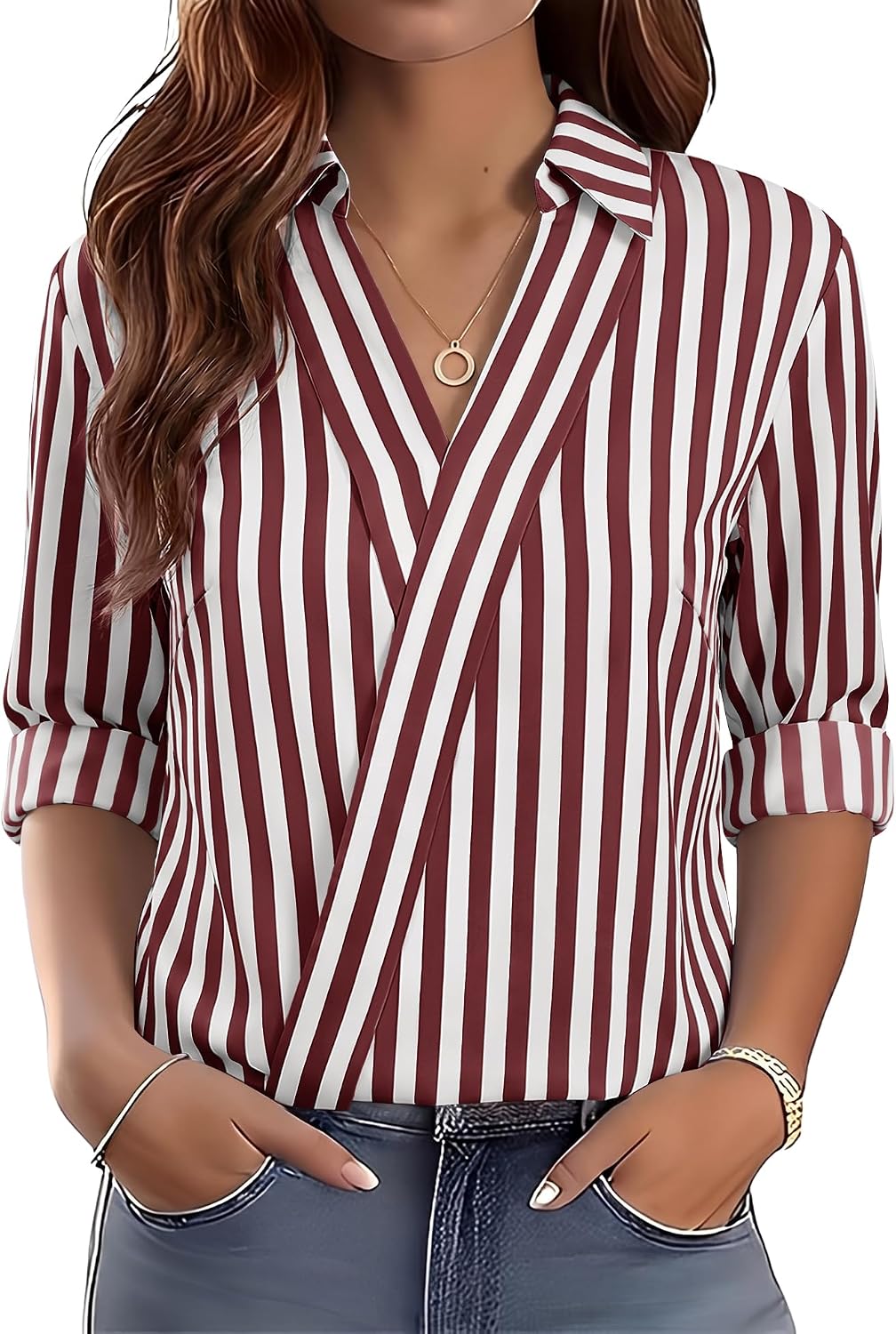 Women Business Casual Long Sleeve V Neck Dress Shirts