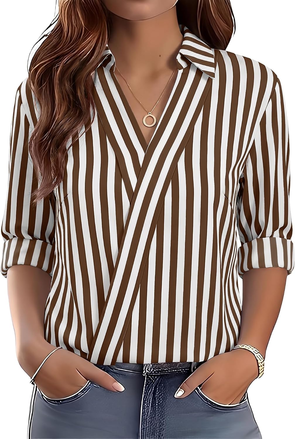 Women Business Casual Long Sleeve V Neck Dress Shirts