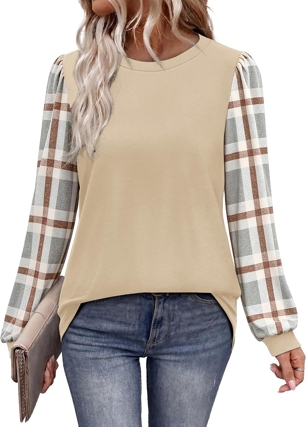 Women Long Sleeve Shirts Fall Tops Polka Dot Brown