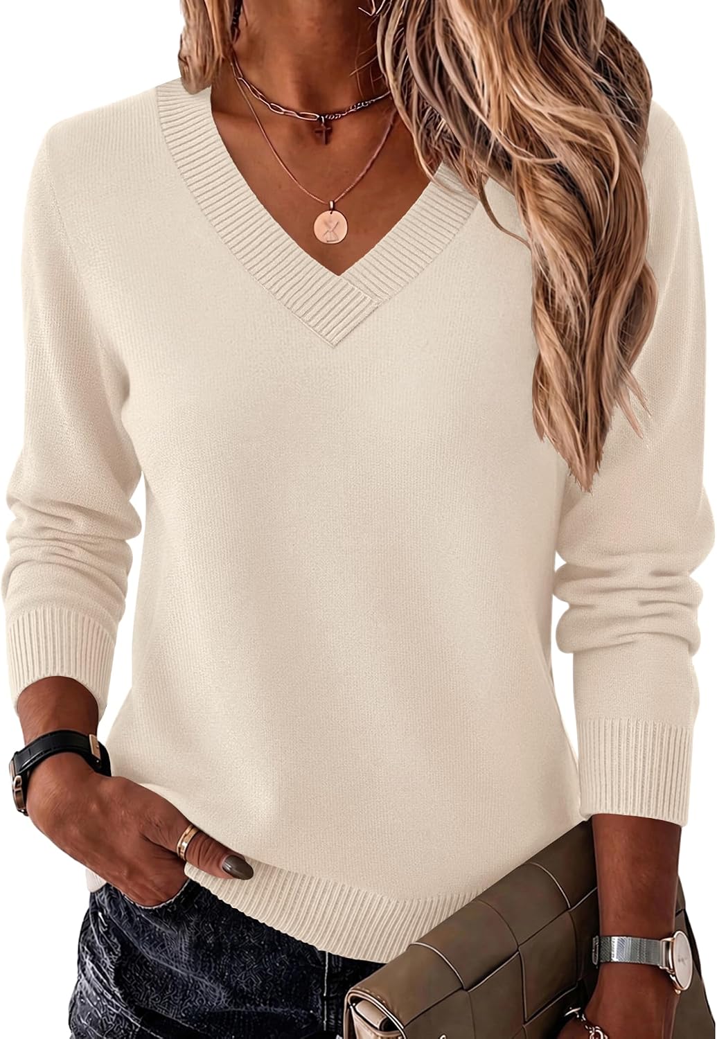Womens V Neck Sweaters Long Sleeve Tops Lightweight Fall Clothes