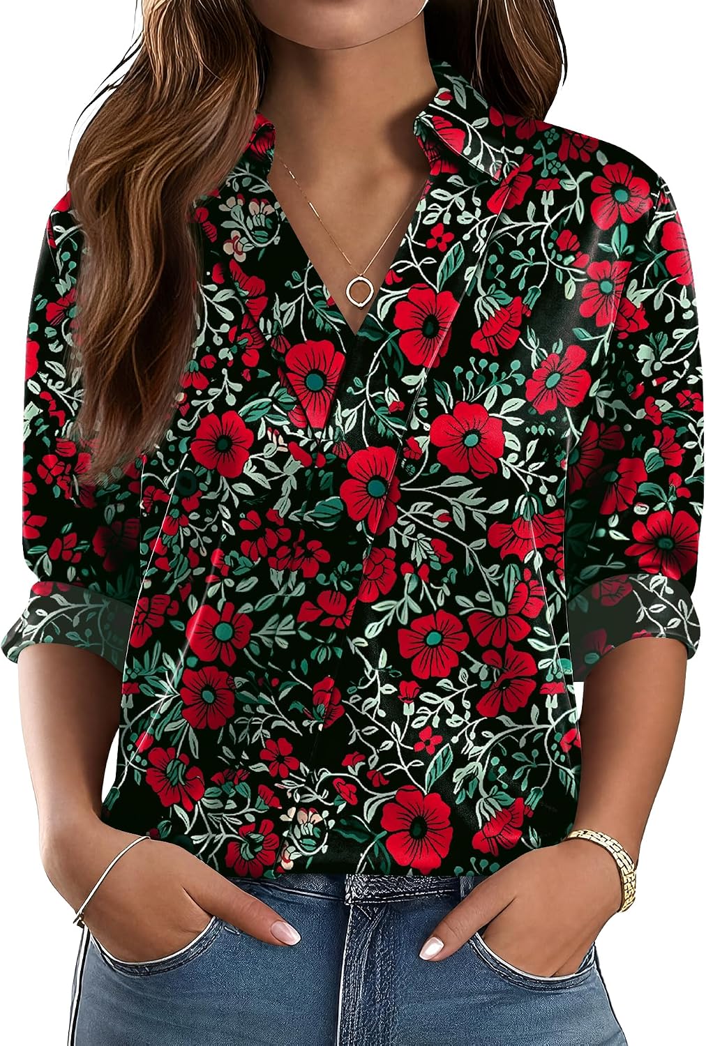 Women Business Casual Long Sleeve V Neck Dress Shirts