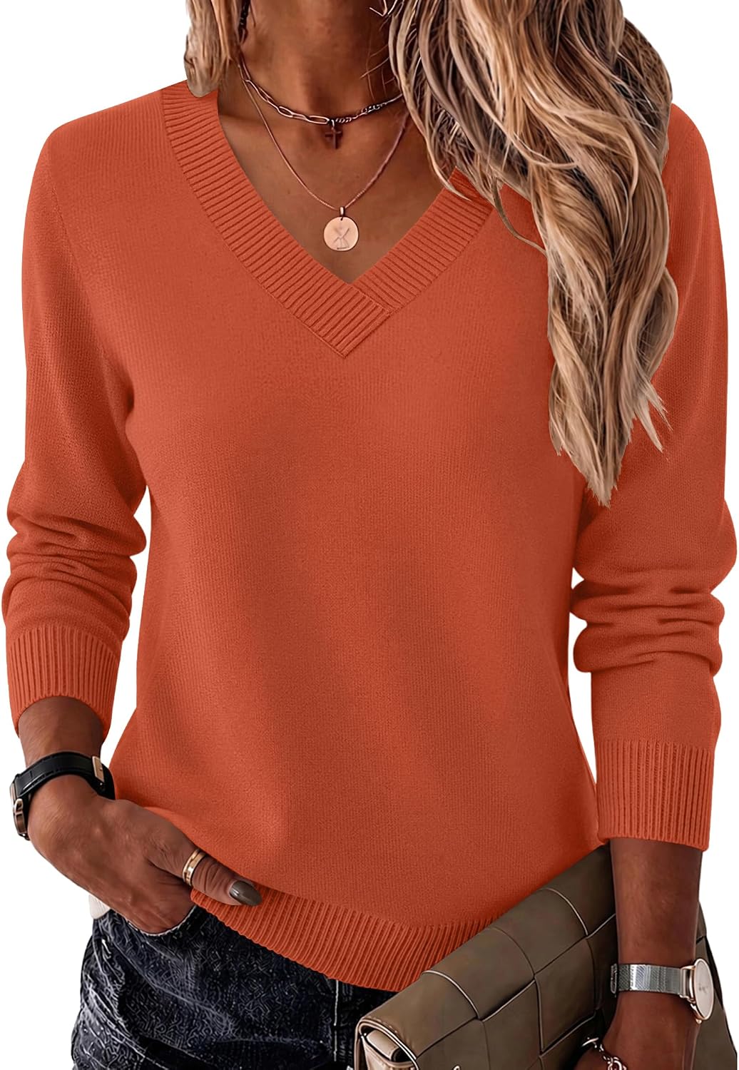 Womens V Neck Sweaters Long Sleeve Tops Lightweight Fall Clothes