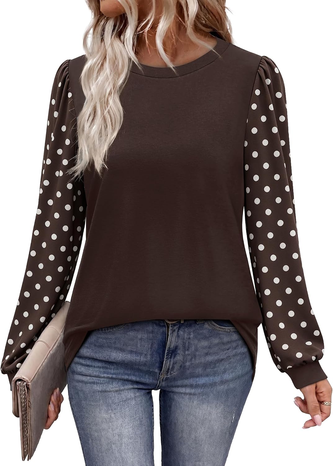 Women Long Sleeve Shirts Fall Tops Polka Dot Brown