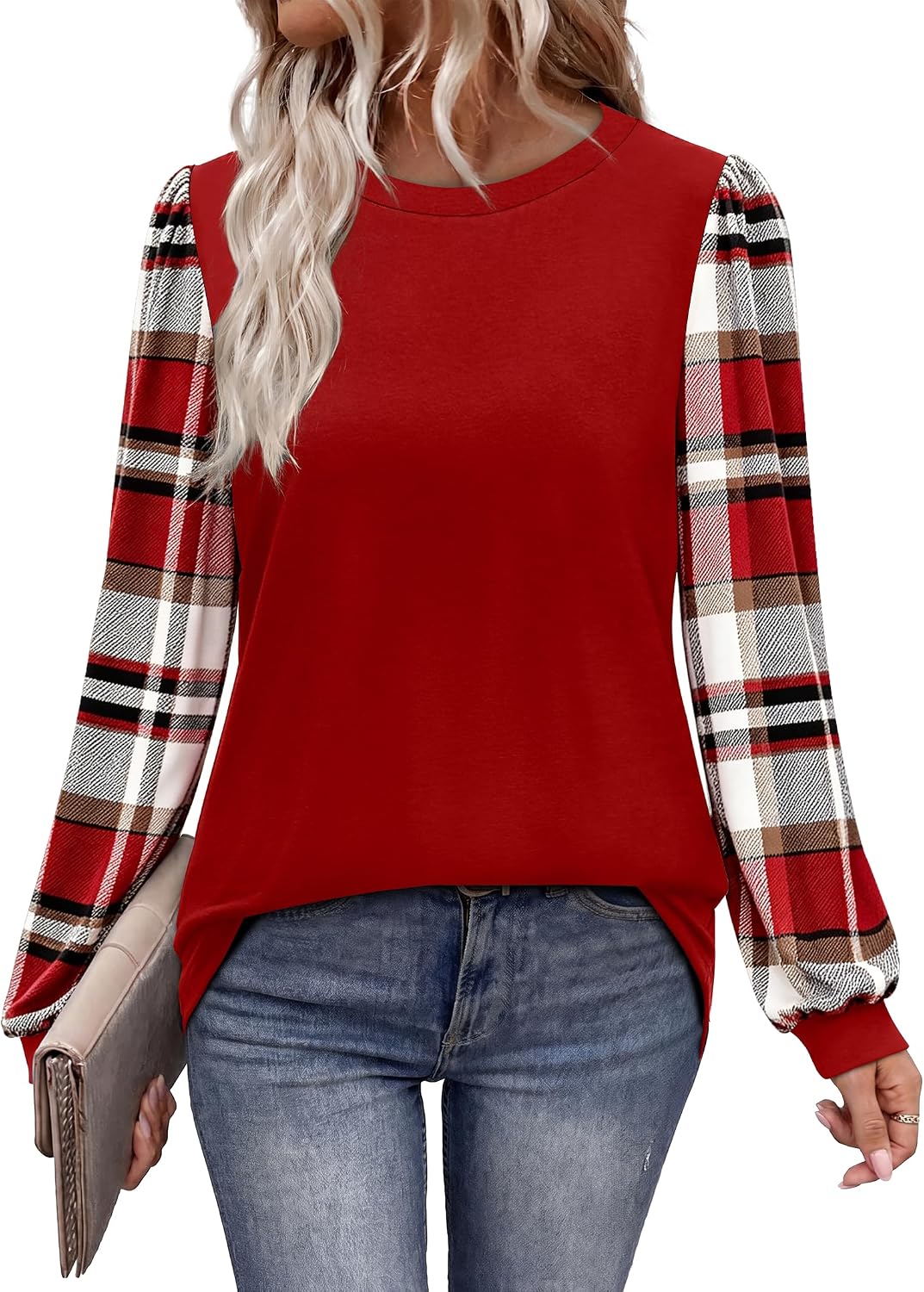 Women Long Sleeve Shirts Fall Tops Polka Dot Brown