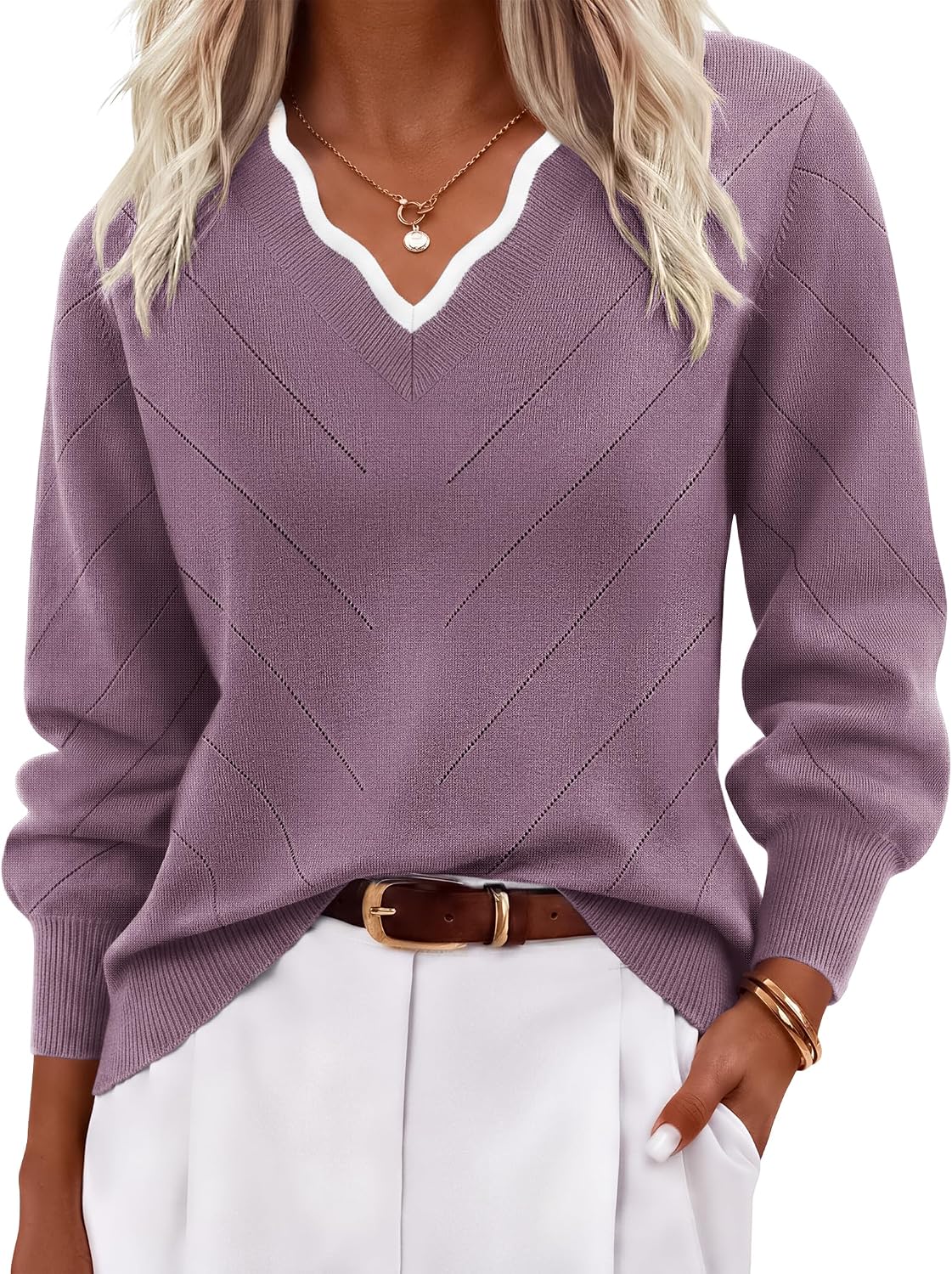 Womens Fall Sweater Cute Clothes Ribbed Knit Pullover Blouse Purple
